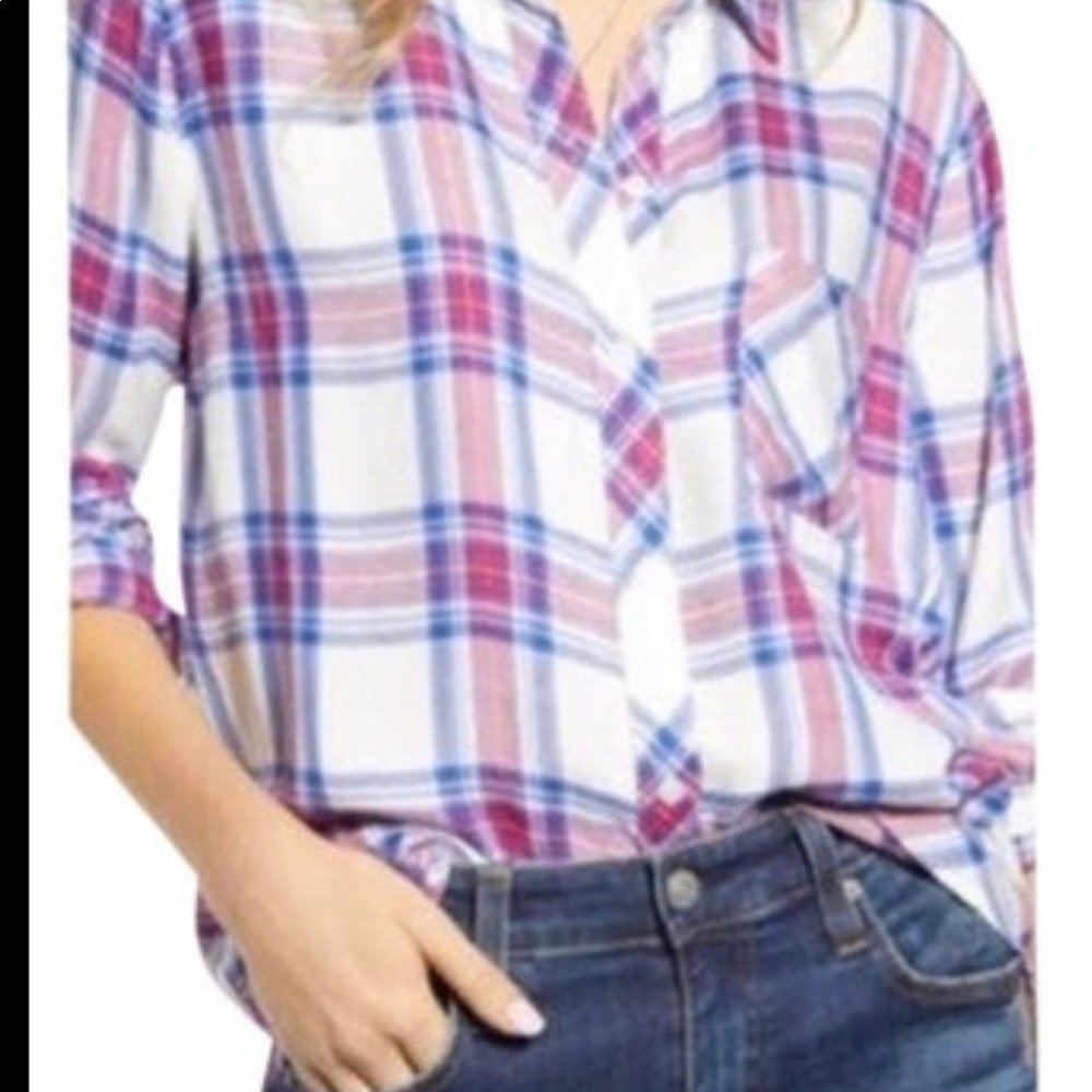 Rails Ivory Bluebell Pink Button Front Long Sleeve Hunter Plaid Shirt Size M